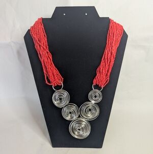 Estate Statement Necklace Metal Coils And Layered Seed Beads Red Approx. 12"